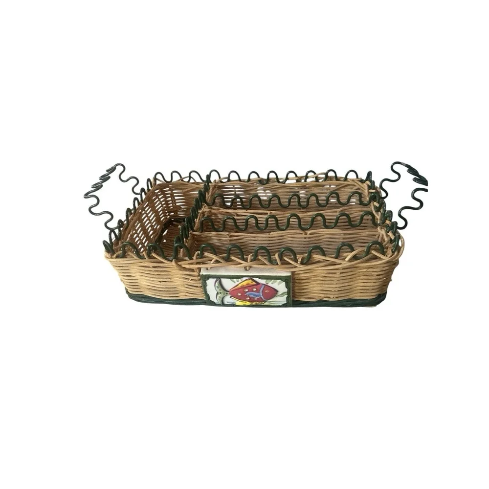 Vintage Wicker Utensils Tray Fish Ceramic Tile Green Metal Accents Summer Vibes
